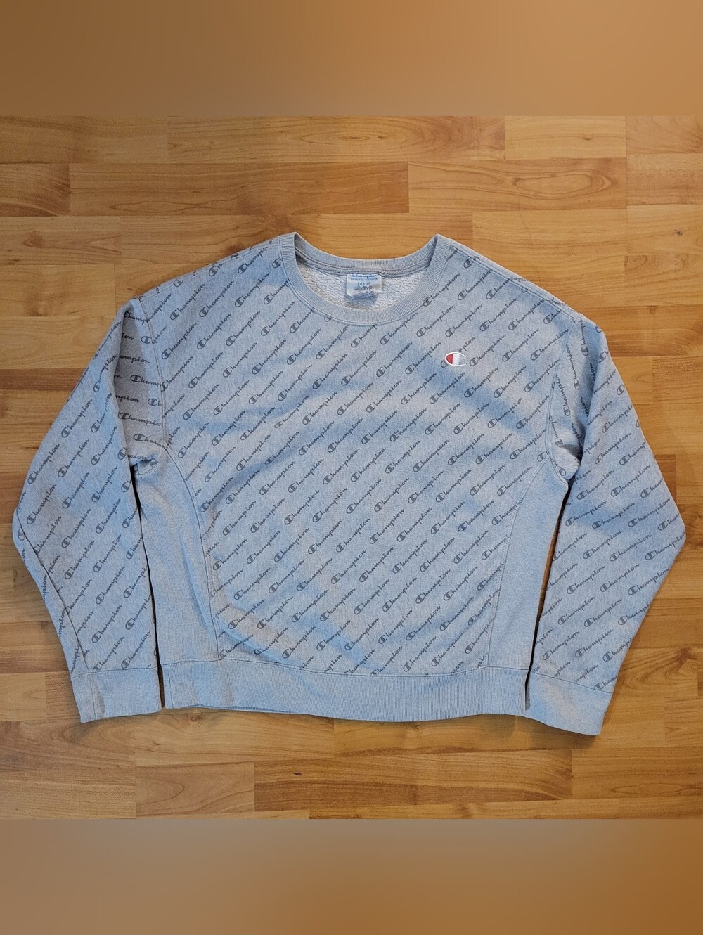 Champion Womens Gray AOP All-Over Print Logo Crewneck Ladies Large Reverse Weave